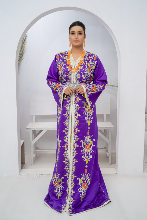 Takishta Purple Brocade Fabric Dress with Crystal Stones & Multi-Colour Thread Hand Work