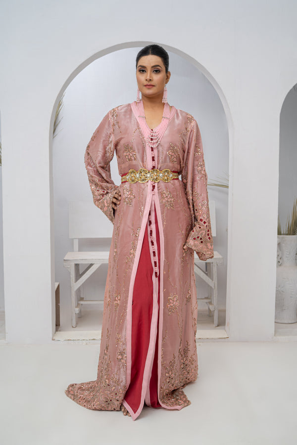Takishta Tea Pink Organza Dress with Crystal Beads, Cutdana & Elegant Cut Work
