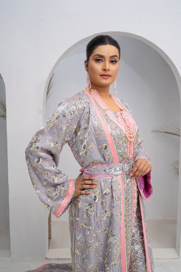 Exclusive Silver & Pink Organza Silk Long Tail Dress with Hand Work & Multi Matching Design
