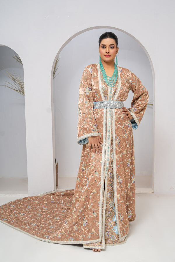 Exclusive Light Gold Organza Silk Long Tail Dress with Hand Embroidery & Luxury Multi-Stone Work