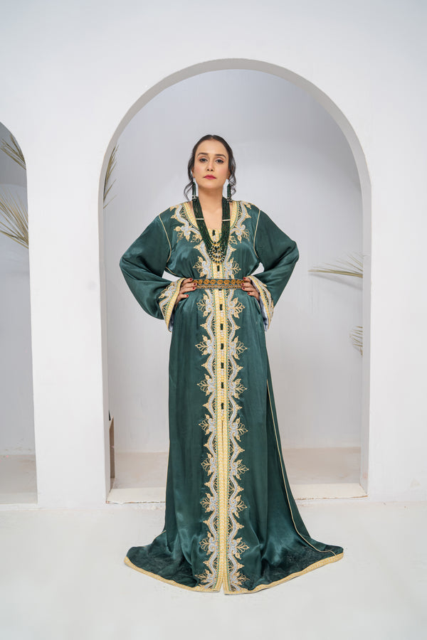 Luxury Dark Green Korean Silk Caftan with Gold & Silver Embroidery and Stone Work for Women