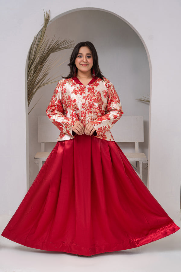 Red and White Brocade Cropped Jacket with Deep Red Pure Silk Maxi Skirt
