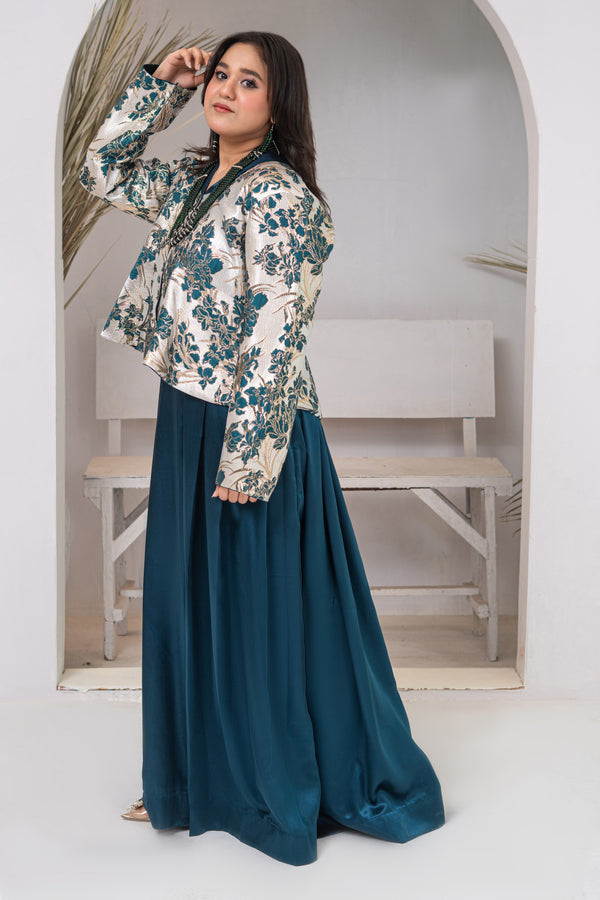 Teal and White Brocade Cropped Jacket with Deep Teal Pure Silk Maxi Skirt
