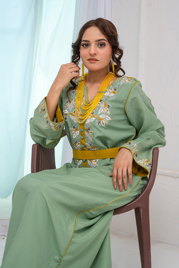 Sage Green Embellished Georgette Long Dress