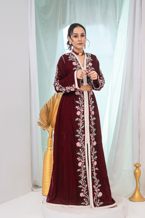 Luxury Maroon Velvet Caftan with Crystal Stones, Multi-Colour Thread Embroidery, Sequins & Premium Bead Embroidery