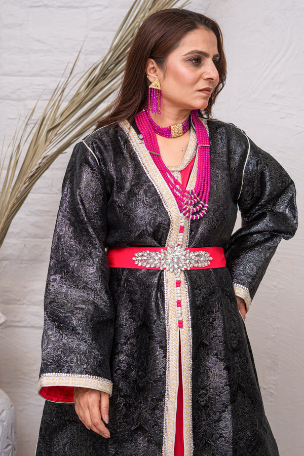 Luxury Black, Silver & Fuchsia Brocade Takchita with Premium Stitch Detailing