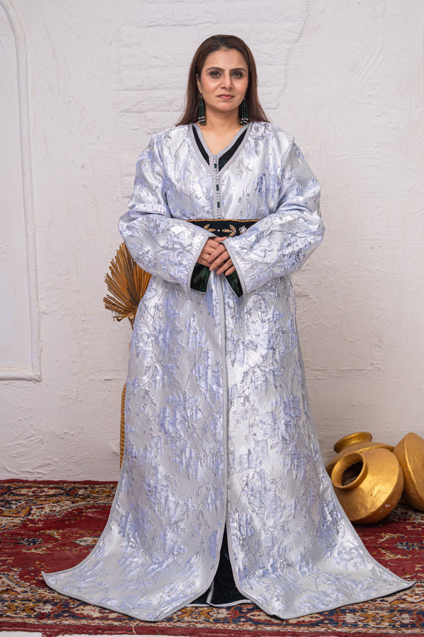 Luxury Silver & Green Brocade Takchita with Premium Stitch Detailing