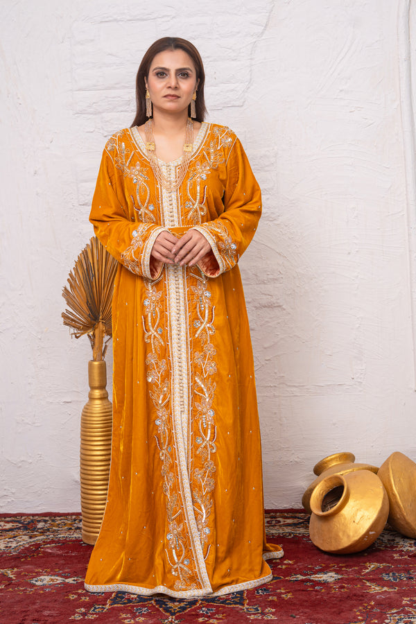 Luxury Yellow Velvet Caftan with Crystal Stones, Sequins & Premium Bead Embroidery