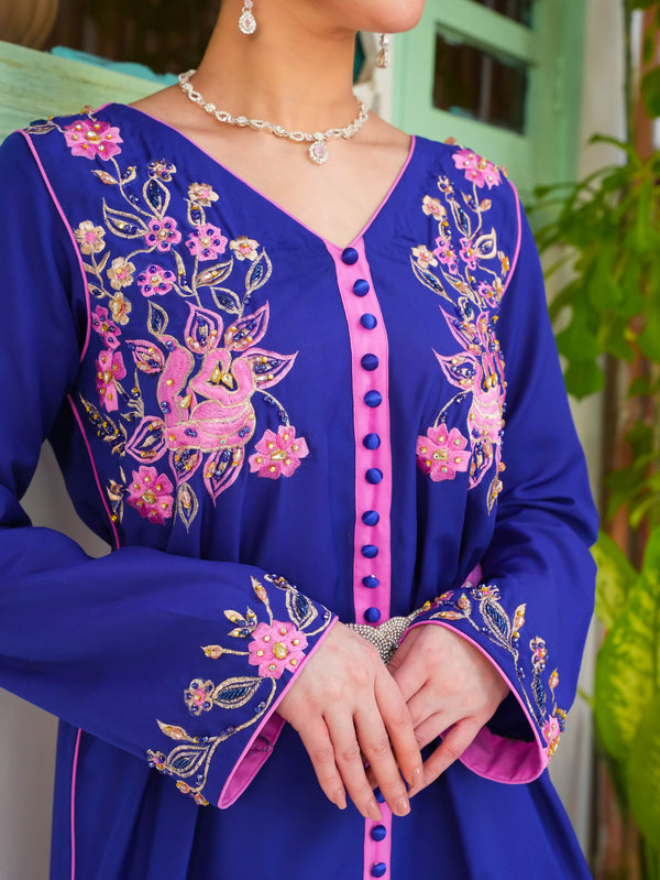 Indigo Blue Embroidered Maxi Dress with Embellishment