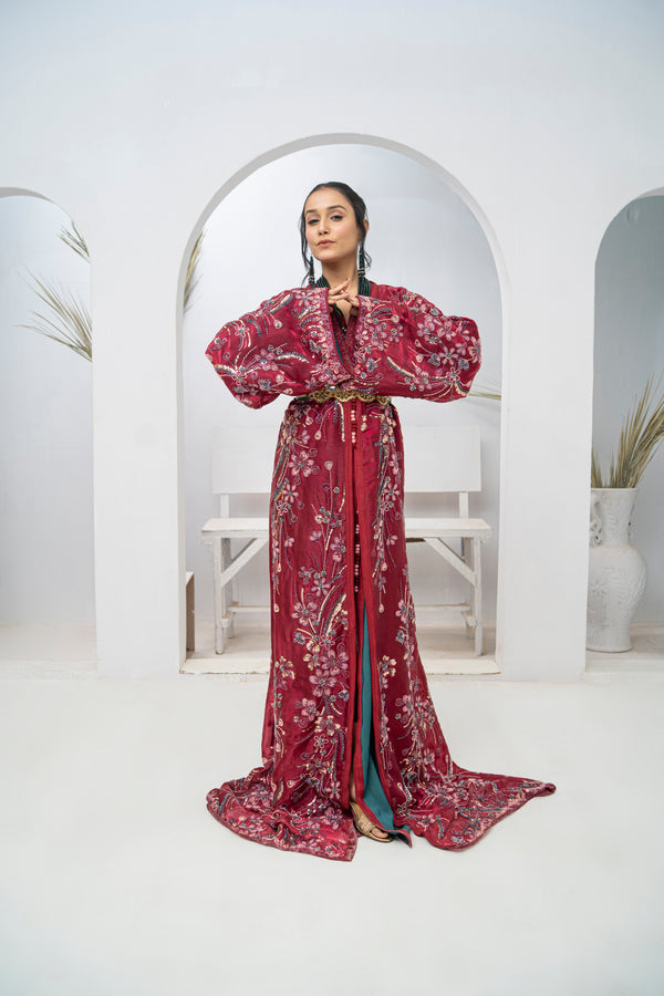 Takchita Red Organza Dress with Crystal Cutdana, Sequins & Premium Bead Embroidery