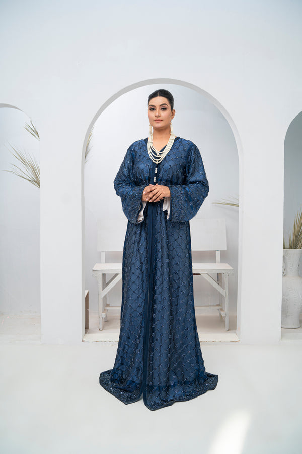 Takishta Navy Blue Organza Dress with Crystal Cutdana, Sequins & Premium Bead Embroidery