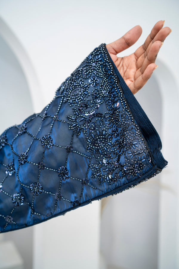 Takishta Navy Blue Organza Dress with Crystal Cutdana, Sequins & Premium Bead Embroidery