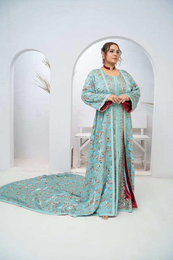 Exclusive Light Green Organza Silk Long Tail Dress with Hand Work & Multi Matching Design