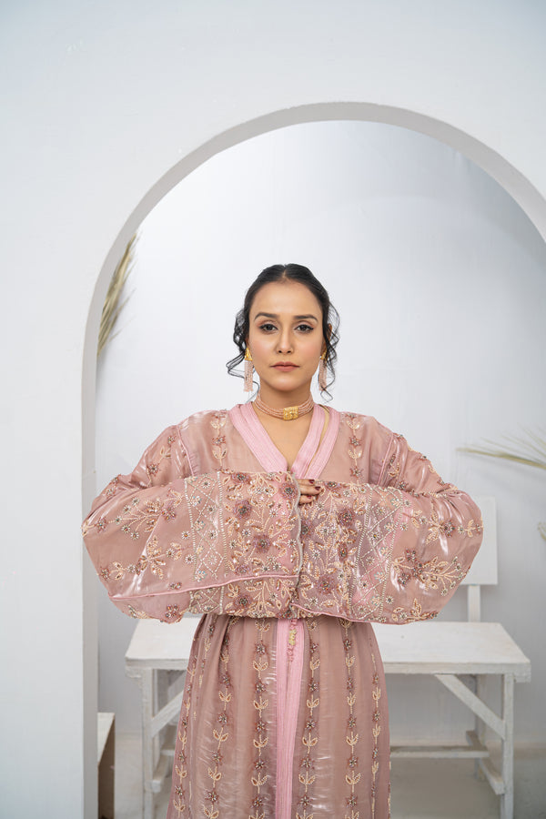 Takishta Tea Pink Organza Dress with Crystal Cutdana, Sequins & Premium Bead Embroidery