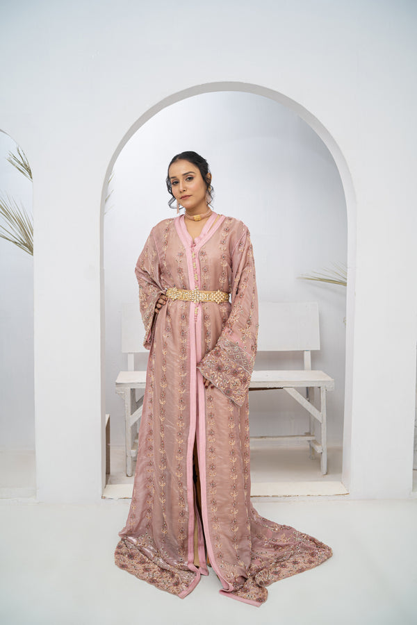 Takishta Tea Pink Organza Dress with Crystal Cutdana, Sequins & Premium Bead Embroidery