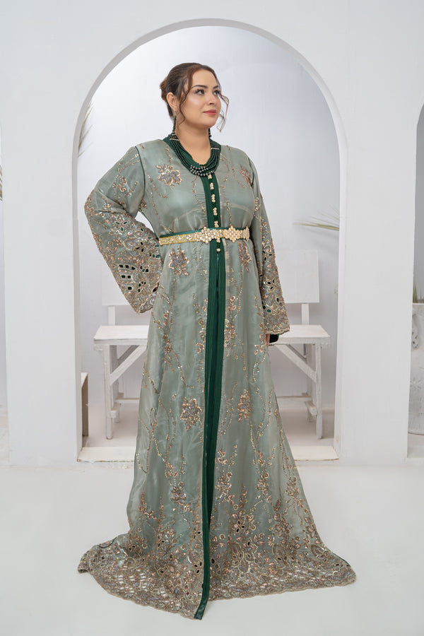 Takishta Light Green Organza Dress with Crystal Beads, Cutdana Work & Elegant Cut Work