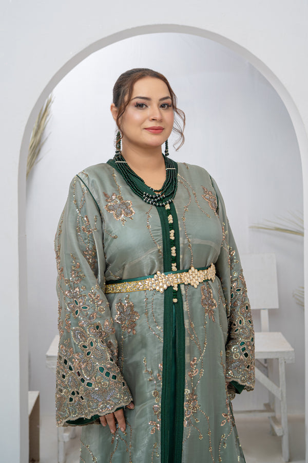 Takishta Light Green Organza Dress with Crystal Beads, Cutdana Work & Elegant Cut Work