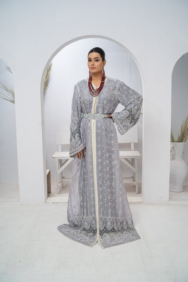Takishta Grey & Silver Organza Dress with Crystal Beads, Cutdana Work & Elegant Cut Work