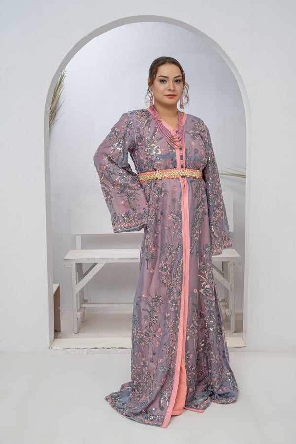 Takishta Grey & Pink Organza Dress with Crystal Cutdana, Sequins & Premium Bead Embroidery