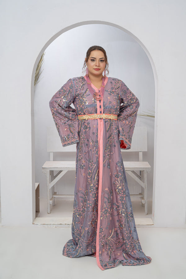 Takishta Grey & Pink Organza Dress with Crystal Cutdana, Sequins & Premium Bead Embroidery