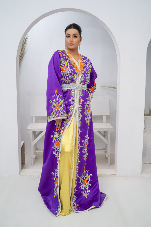 Takishta Purple Brocade Fabric Dress with Crystal Stones & Multi-Colour Thread Hand Work
