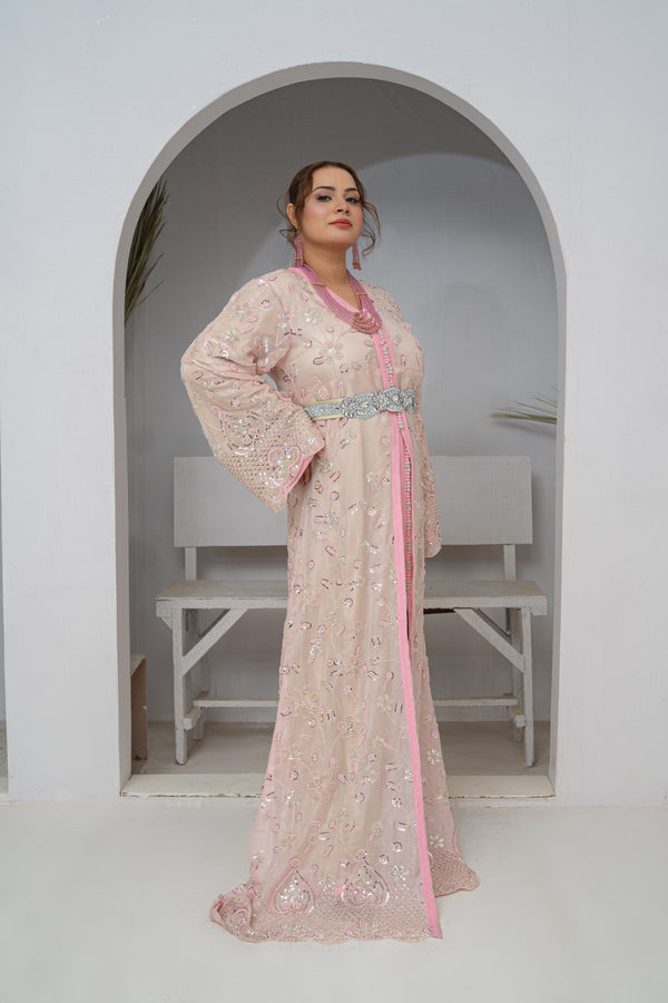 Takishta Light Pink Organza Dress with Crystal Beads, Cutdana & Elegant Cut Work