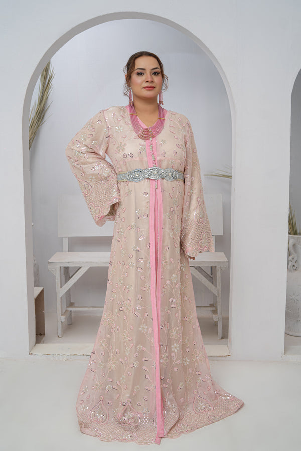 Takishta Light Pink Organza Dress with Crystal Beads, Cutdana & Elegant Cut Work