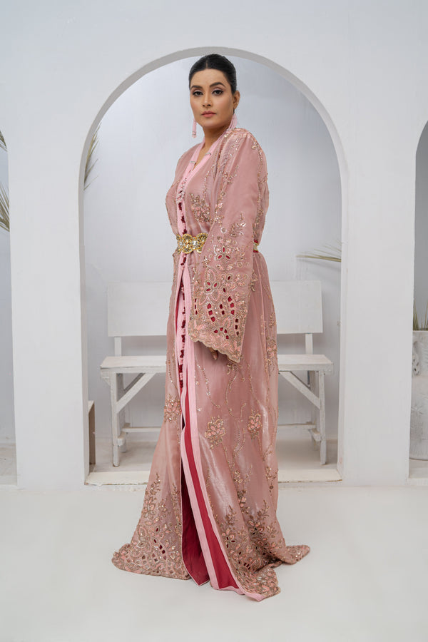 Takishta Tea Pink Organza Dress with Crystal Beads, Cutdana & Elegant Cut Work