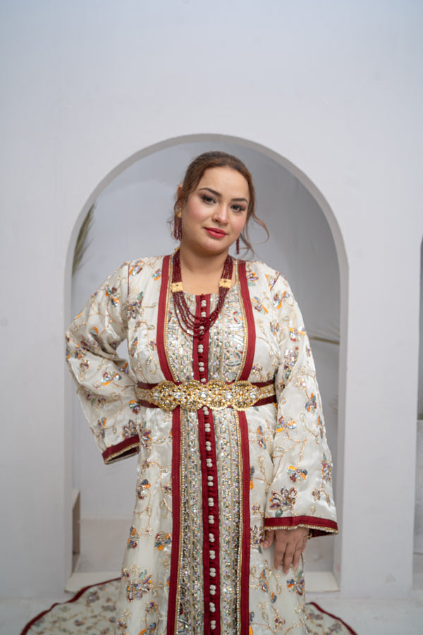 Exclusive Cream & Maroon Organza Silk Long Tail Dress with Hand Work & Multi Matching Design