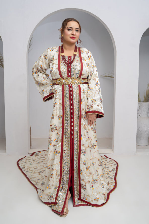 Exclusive Cream & Maroon Organza Silk Long Tail Dress with Hand Work & Multi Matching Design