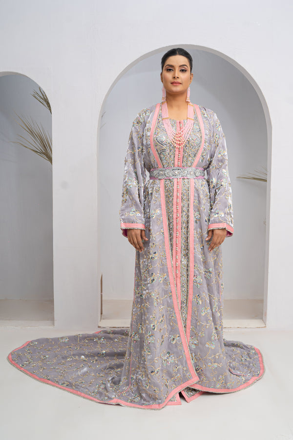 Exclusive Silver & Pink Organza Silk Long Tail Dress with Hand Work & Multi Matching Design