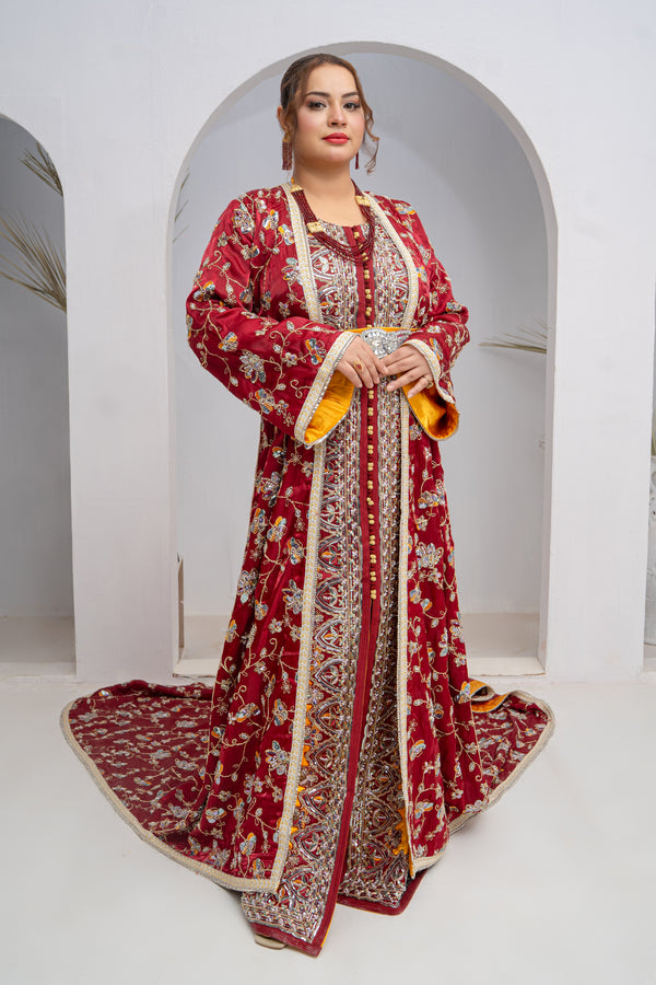 Exclusive Dark Red Organza Silk Long Tail Dress with Hand Embroidery & Luxury Multi-Stone Work