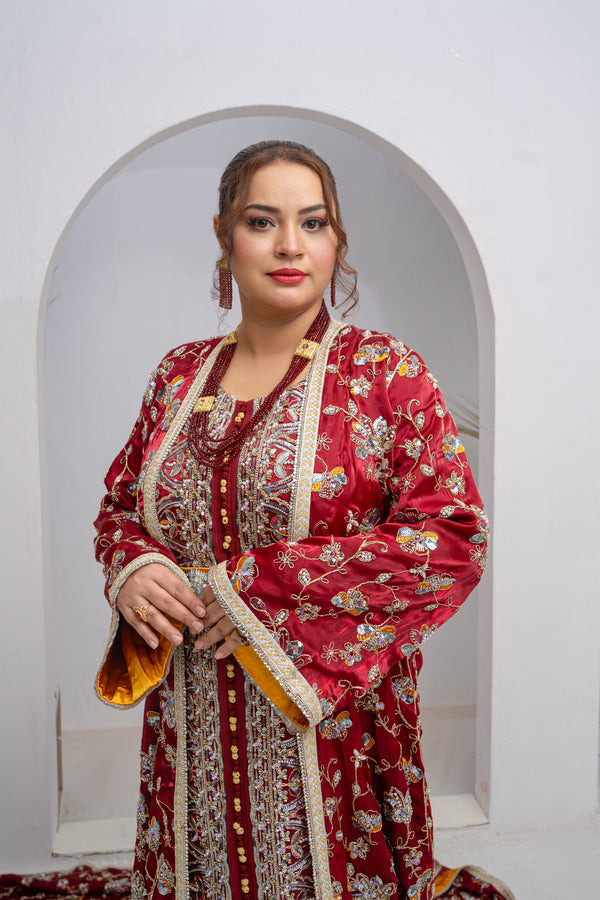 Exclusive Dark Red Organza Silk Long Tail Dress with Hand Embroidery & Luxury Multi-Stone Work