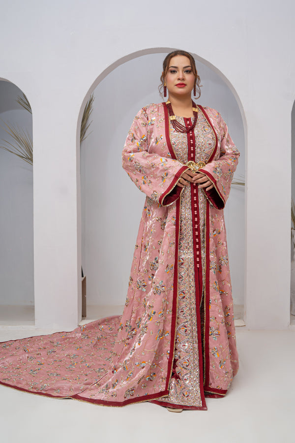 Exclusive Light Pink Organza Silk Long Tail Dress with Hand Embroidery & Luxury Multi-Stone Work