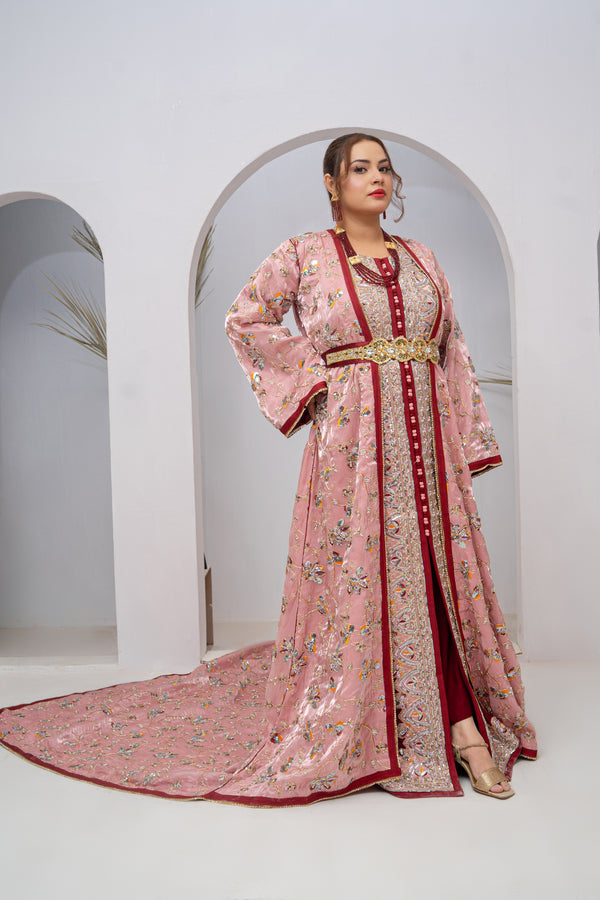 Exclusive Light Pink Organza Silk Long Tail Dress with Hand Embroidery & Luxury Multi-Stone Work