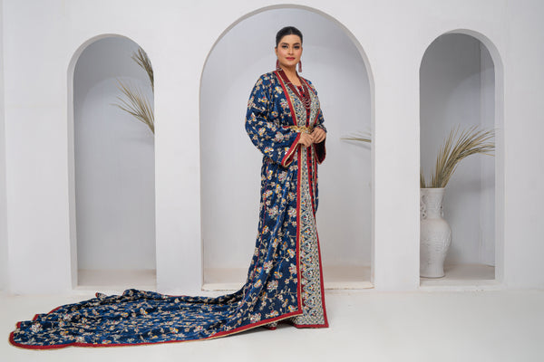 Exclusive Dark Blue Organza Silk Long Tail Dress with Hand Embroidery & Luxury Multi-Stone Work