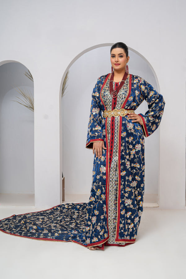 Exclusive Dark Blue Organza Silk Long Tail Dress with Hand Embroidery & Luxury Multi-Stone Work