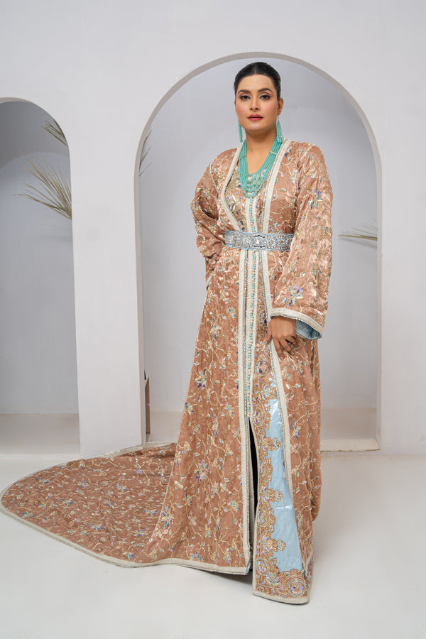 Exclusive Light Gold Organza Silk Long Tail Dress with Hand Embroidery & Luxury Multi-Stone Work