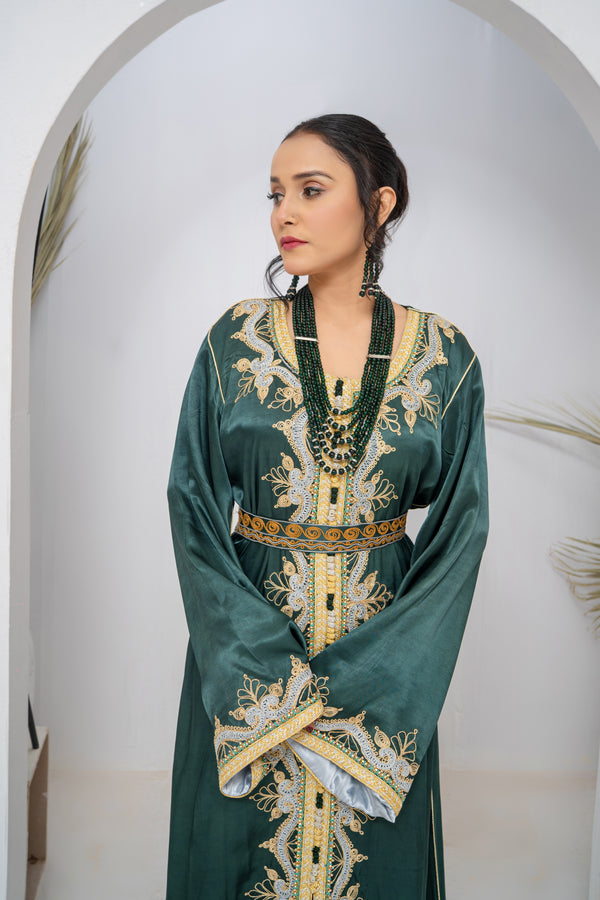 Luxury Dark Green Korean Silk Caftan with Gold & Silver Embroidery and Stone Work for Women