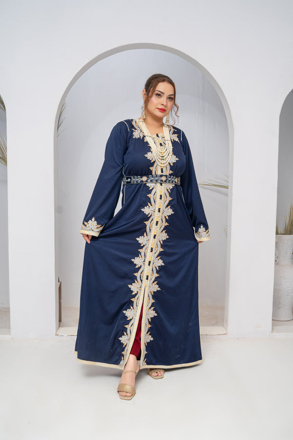 Luxury Dark Blue Korean Silk Caftan with Gold & Silver Embroidery for Women