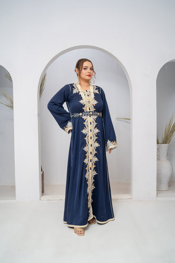 Luxury Dark Blue Korean Silk Caftan with Gold & Silver Embroidery for Women