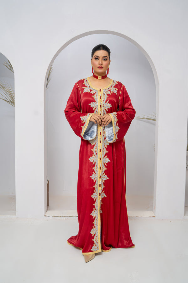 Luxury Red Korean Silk Caftan with Gold & Silver Embroidery & Stone Work