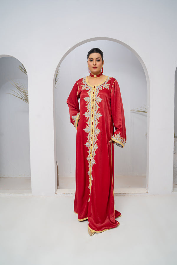 Luxury Red Korean Silk Caftan with Gold & Silver Embroidery & Stone Work