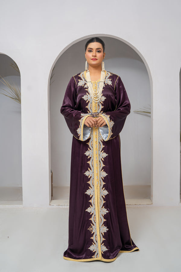 Luxury Purple Korean Silk Caftan with Gold & Silver Embroidery & Stone Work