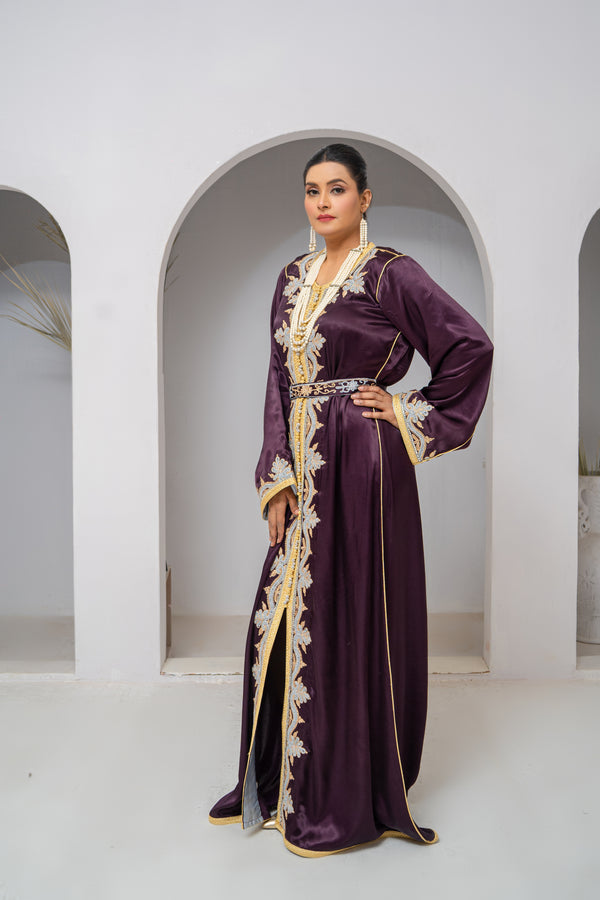 Luxury Purple Korean Silk Caftan with Gold & Silver Embroidery & Stone Work