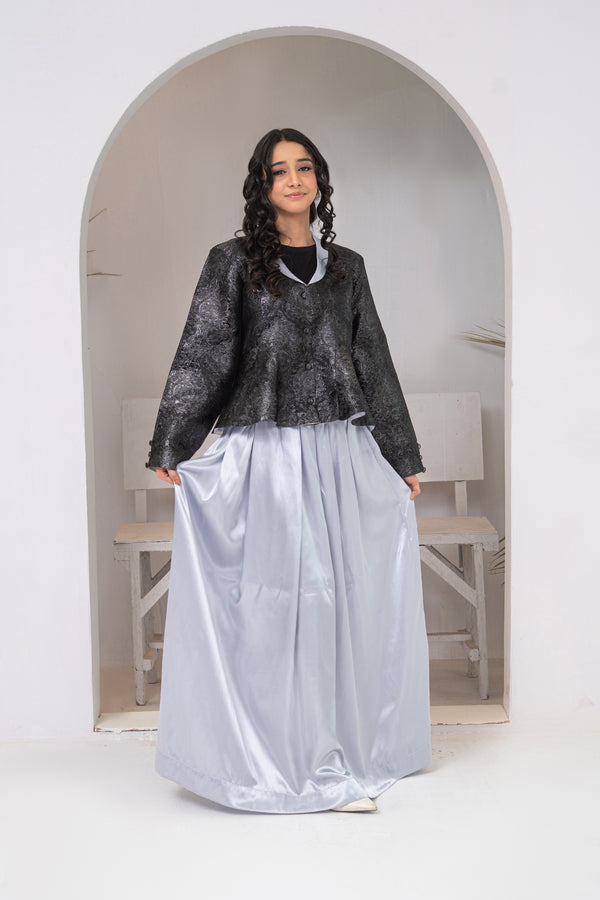 Midnight Charcoal Brocade Cropped Jacket with Ice Blue Pure Silk Maxi Skirt