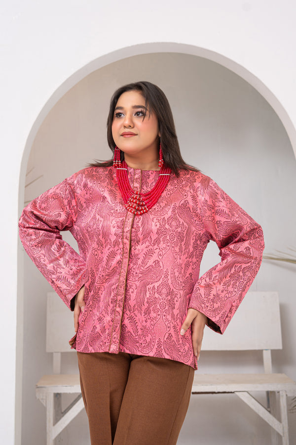 Rosewood Brocade Short Jacket with Brown Italian Jot Trousers