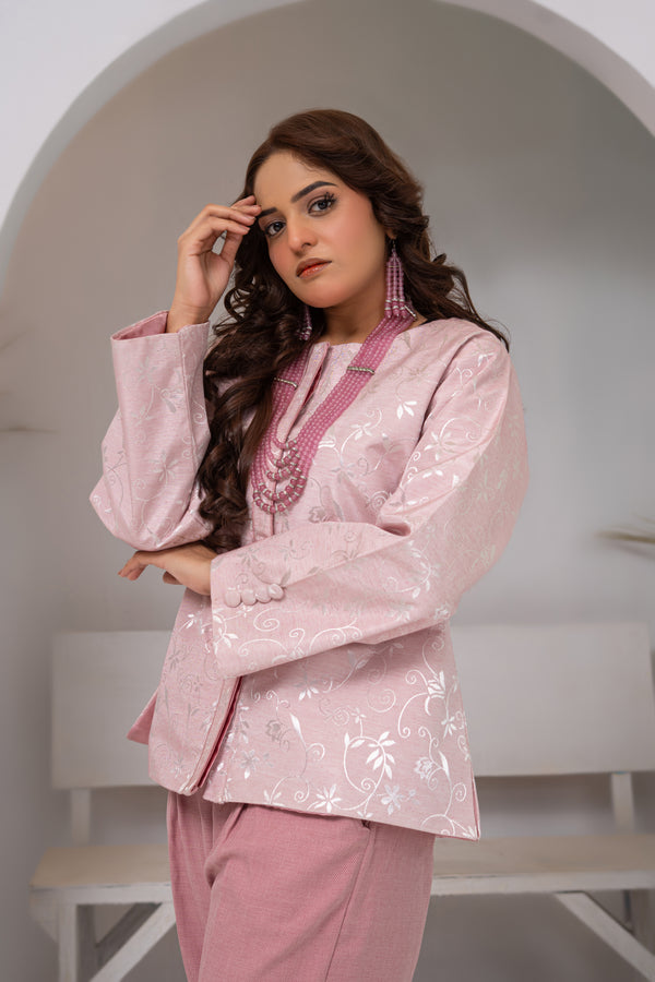 Baby Pink Brocade Short Jacket with Soft Pink Italian Jot Trousers