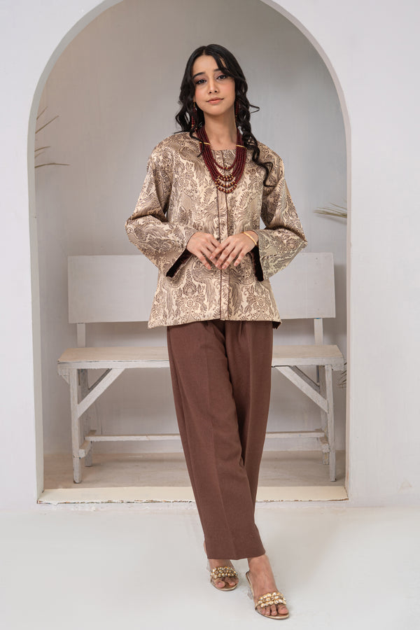 Beige Brown Brocade Short Jacket with Brown Italian Jot Trousers