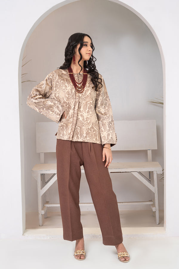 Beige Brown Brocade Short Jacket with Brown Italian Jot Trousers